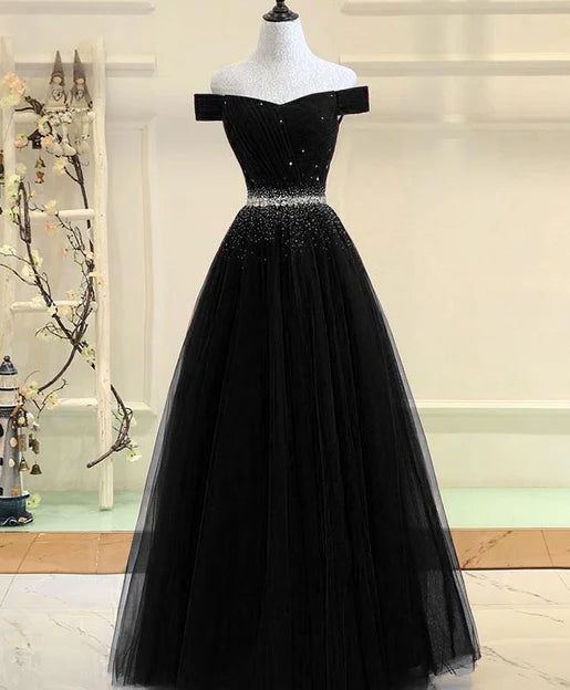 Luolandi Black Tulle Off Shoulder Beaded Party Dress New Dress for Party Elegant Evening Dress